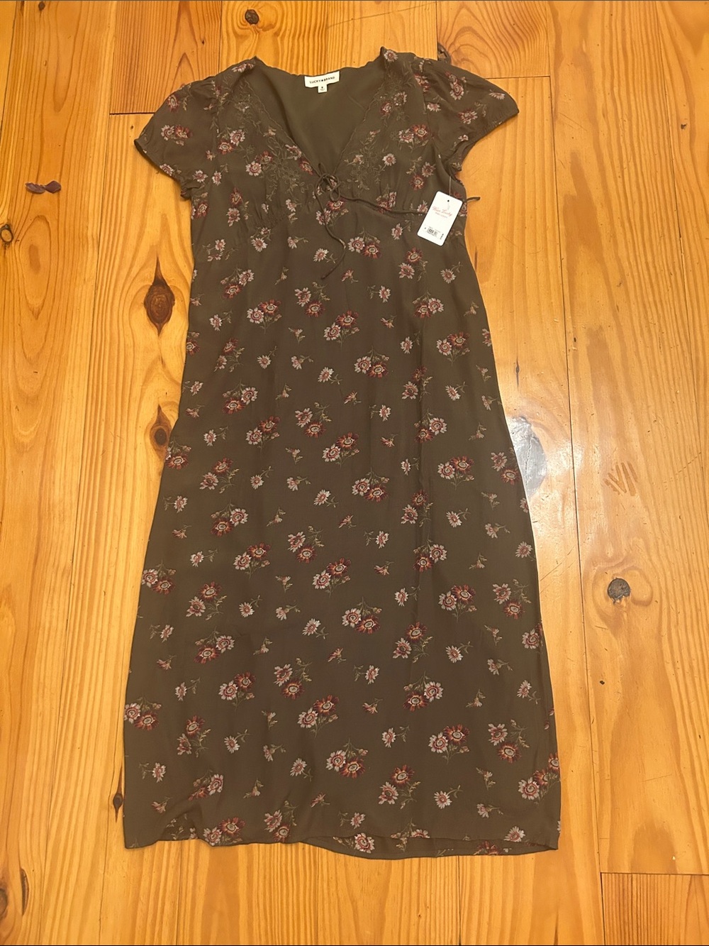 Lucky Brand Olive Floral Midi Dress with Pink Accents